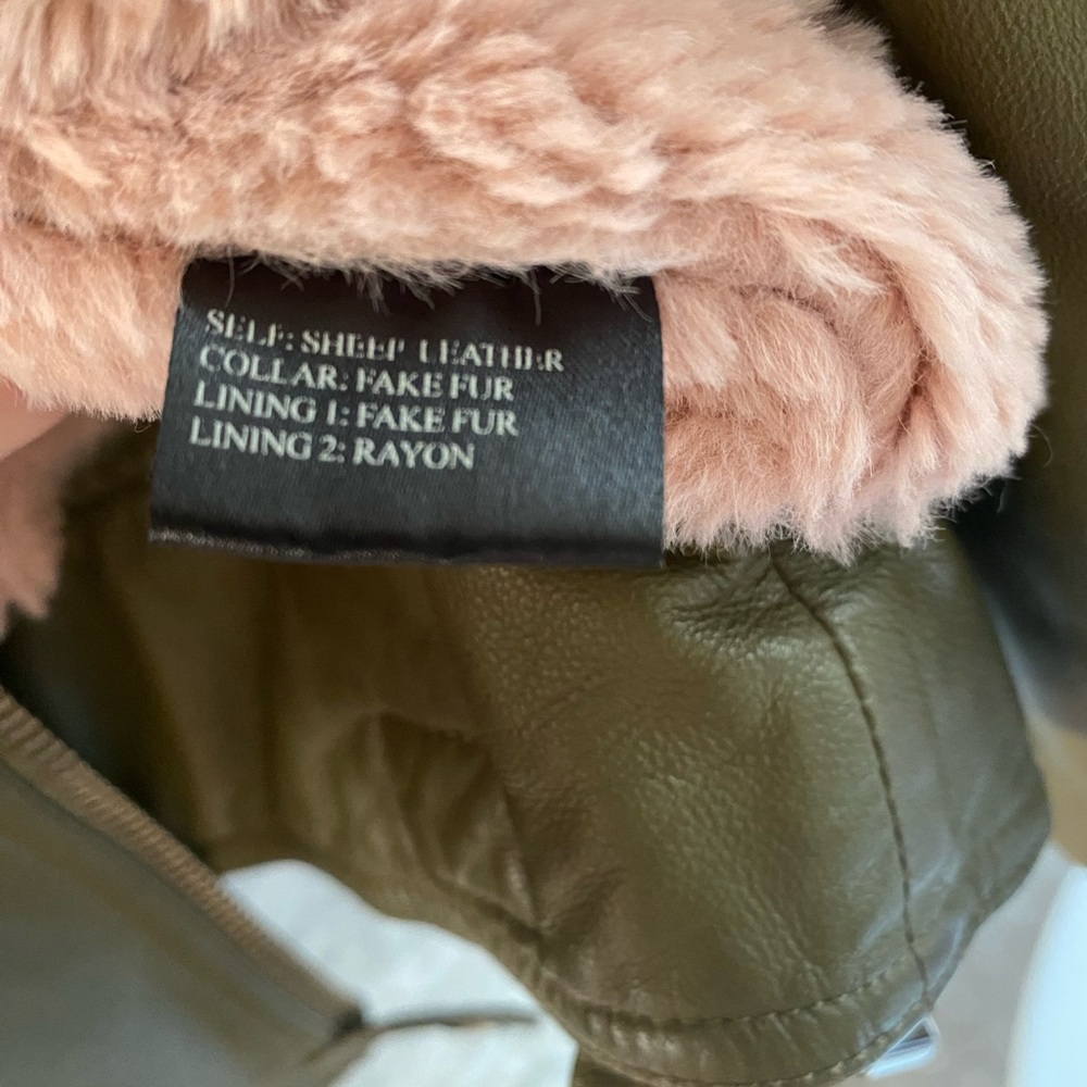 Olive Leather Jacket with Pink Fur Collar - Picture 2 of 2